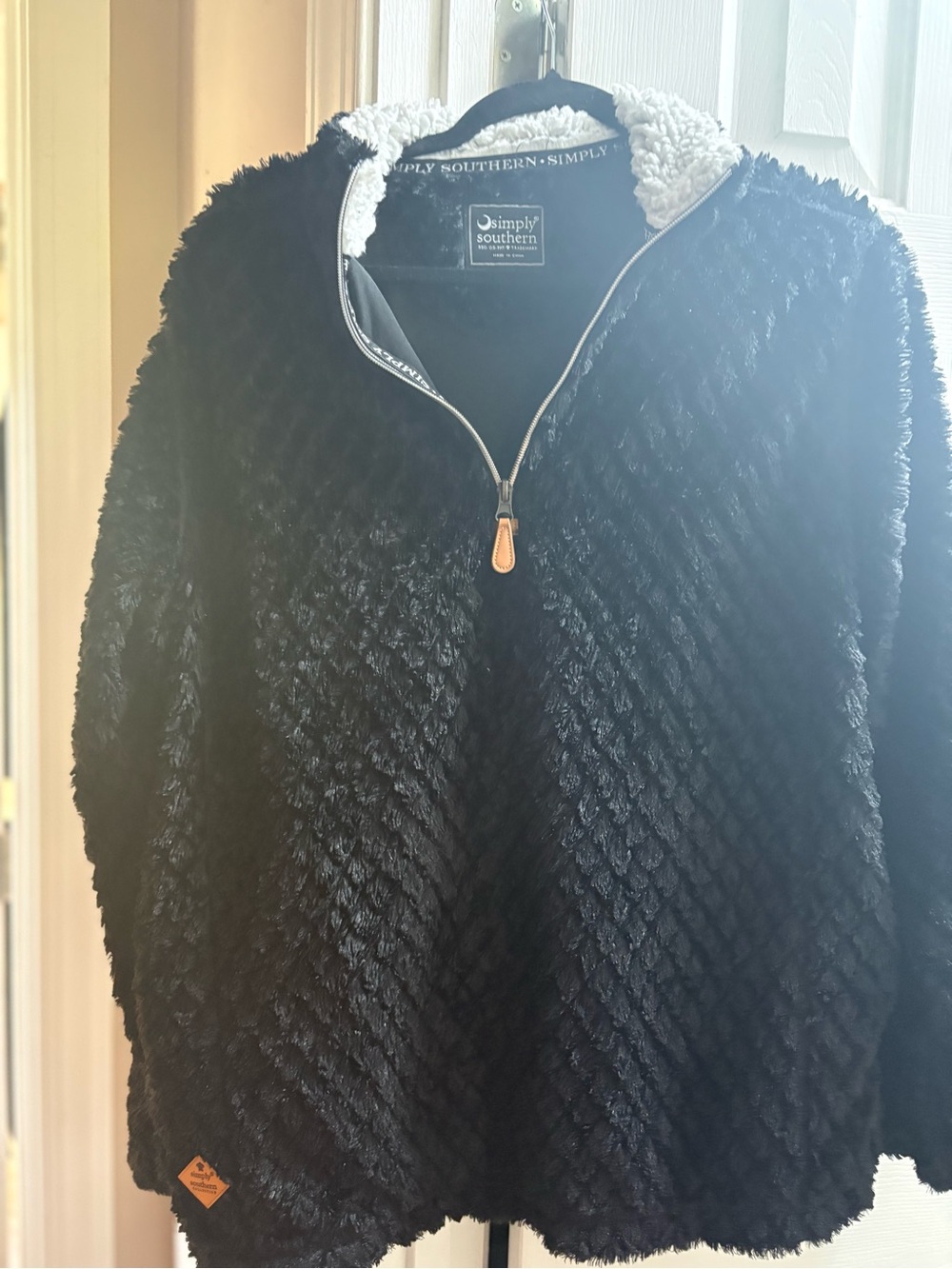 Simply Southern Black Plush Sherpa Hoodie with Tan Logo Patch